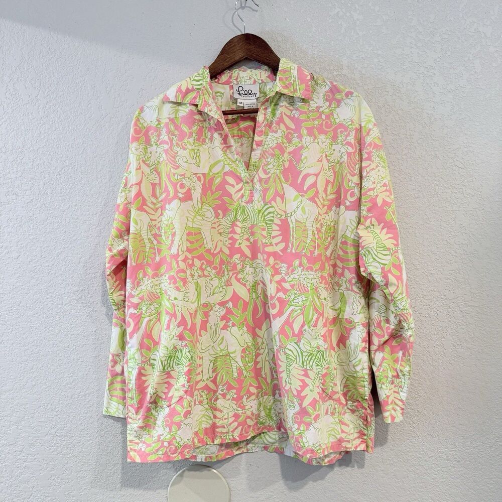Lilly Pulitzer Pink Green Animal Print Tunic Blouse 3/4 Sleeve Cotton Medium